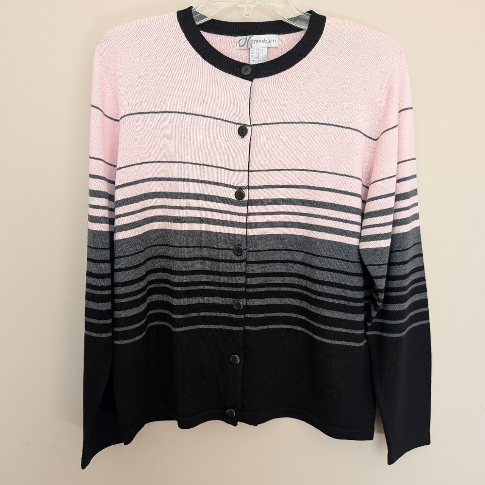 Dress Barn pink gray black striped lightweight cardigan Small EUC